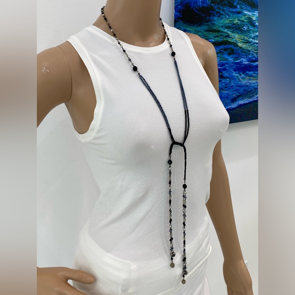 Versatile Black/Silver/Gray Beaded Lariat Necklace - image 1